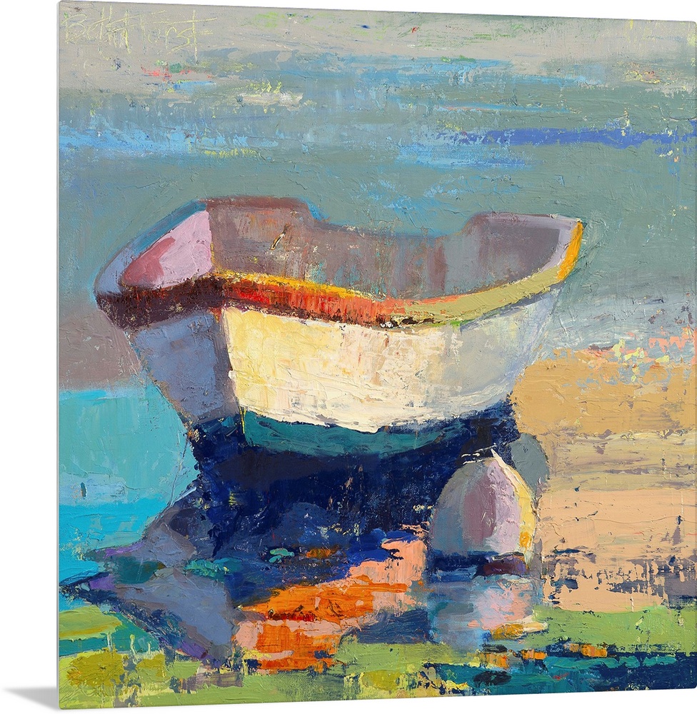 A contemporary coastal themed painting of a row boat sitting in still water.