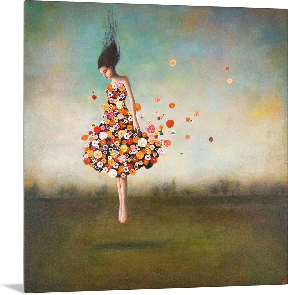 Contemporary surreal artwork of a woman wearing a dress made of flowers floating in the air.