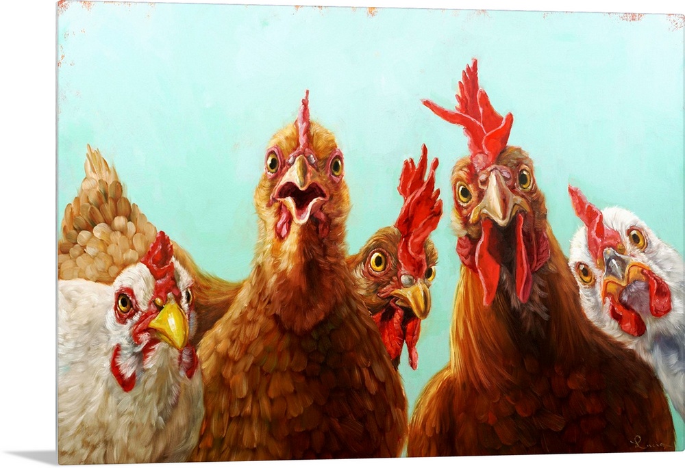 A contemporary painting of a group of chickens peering at the viewer.