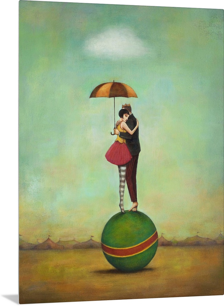 Contemporary surreal artwork of a woman and man embracing on top of a green ball.