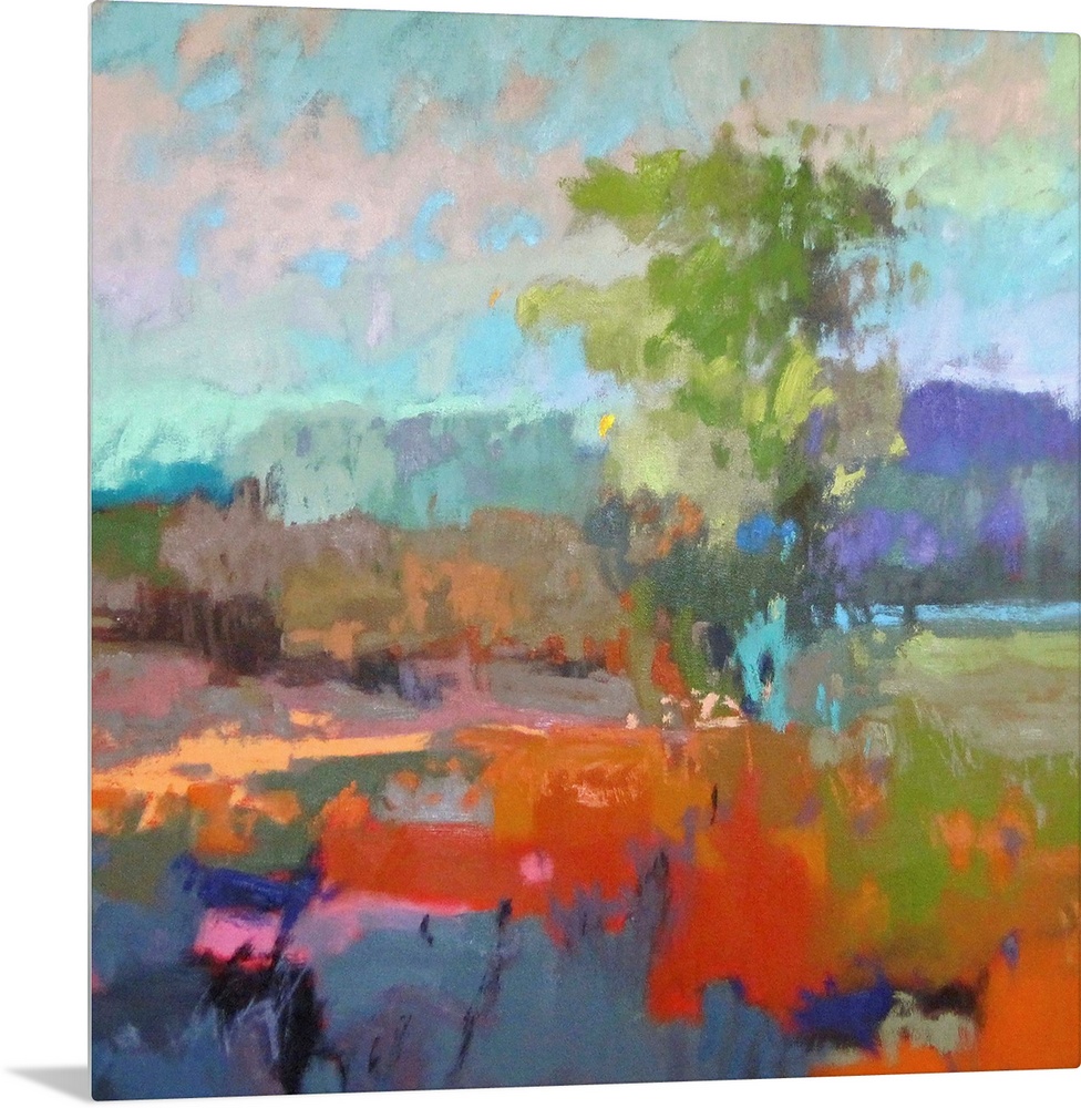 A contemporary abstract painting using vibrant colors resembling a countryside landscape.