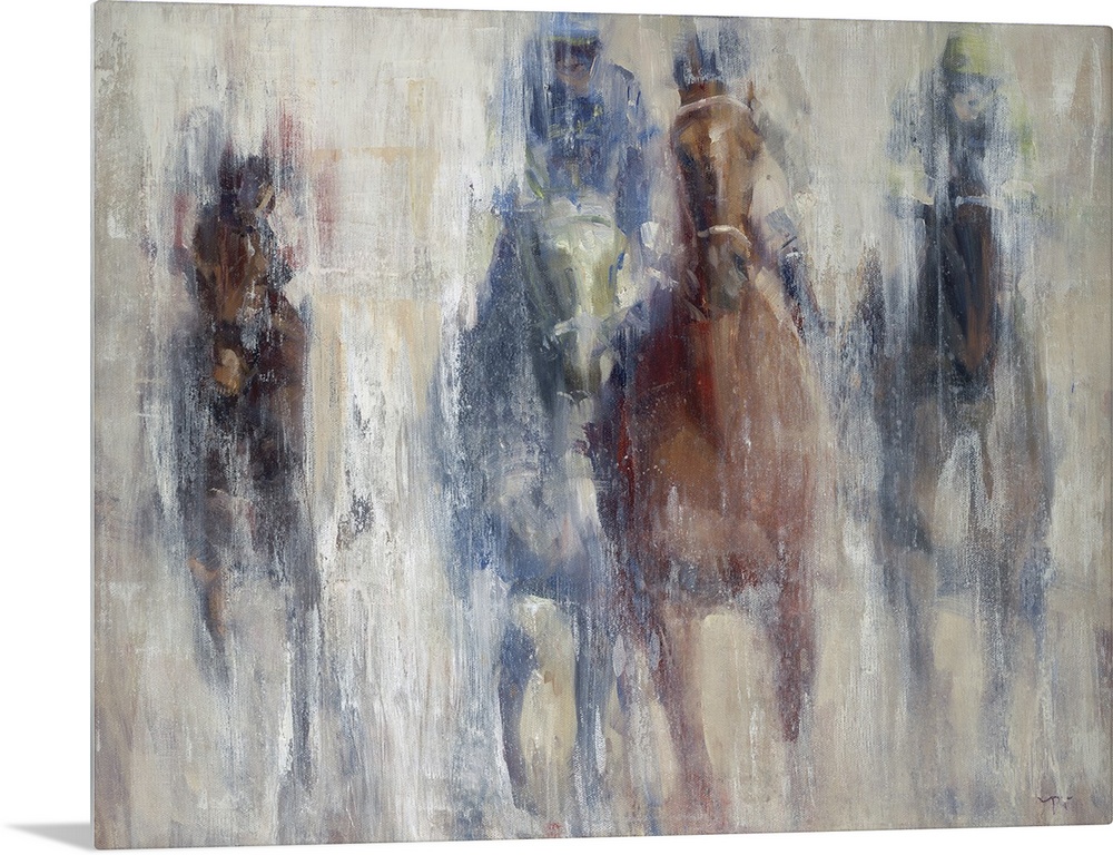 A contemporary painting of a horse derby, with the impression of the horses advancing toward you.
