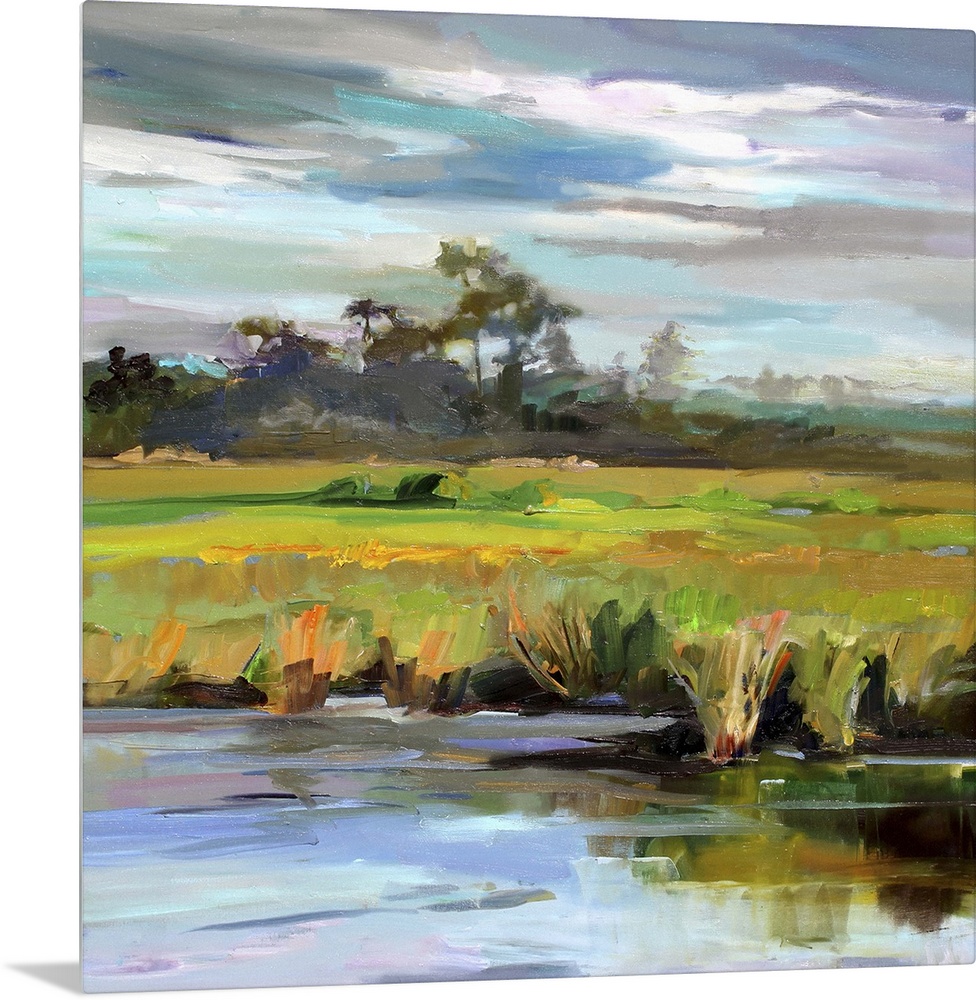 A contemporary painting of a marshland under a blue sky.