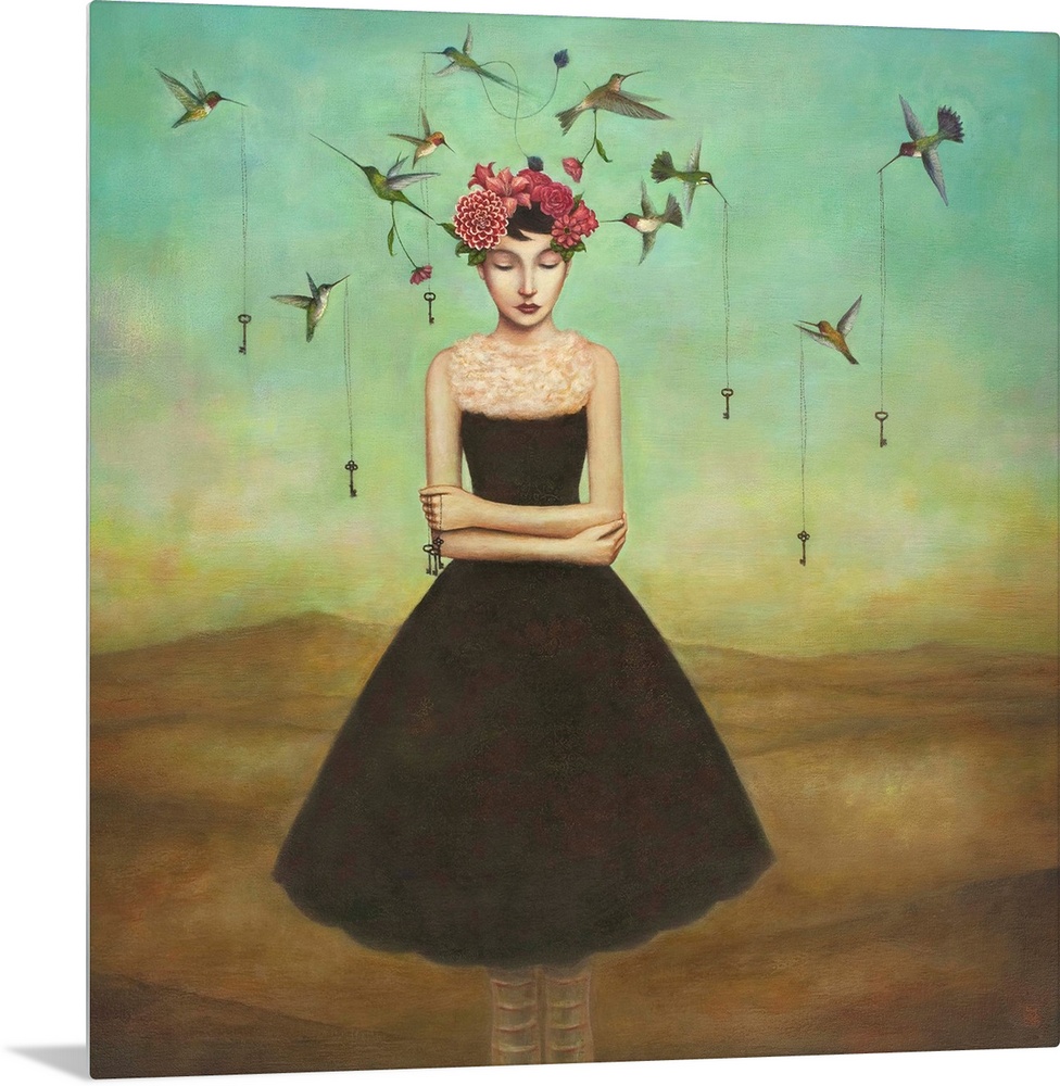 Contemporary surreal artwork of a woman with a flower crown and small birds circling her.