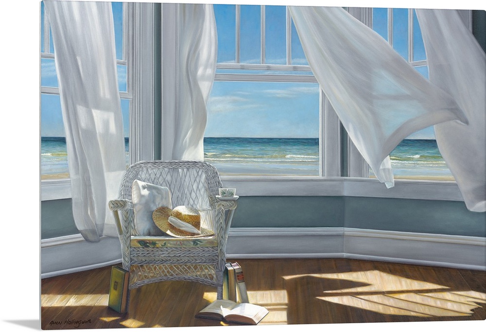 Contemporary still life painting of books and a hat on a chair next to an open window with a white curtain and the beach o...