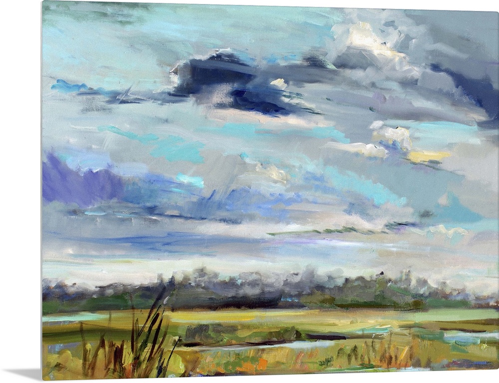 A contemporary painting of a marshland under a blue sky.