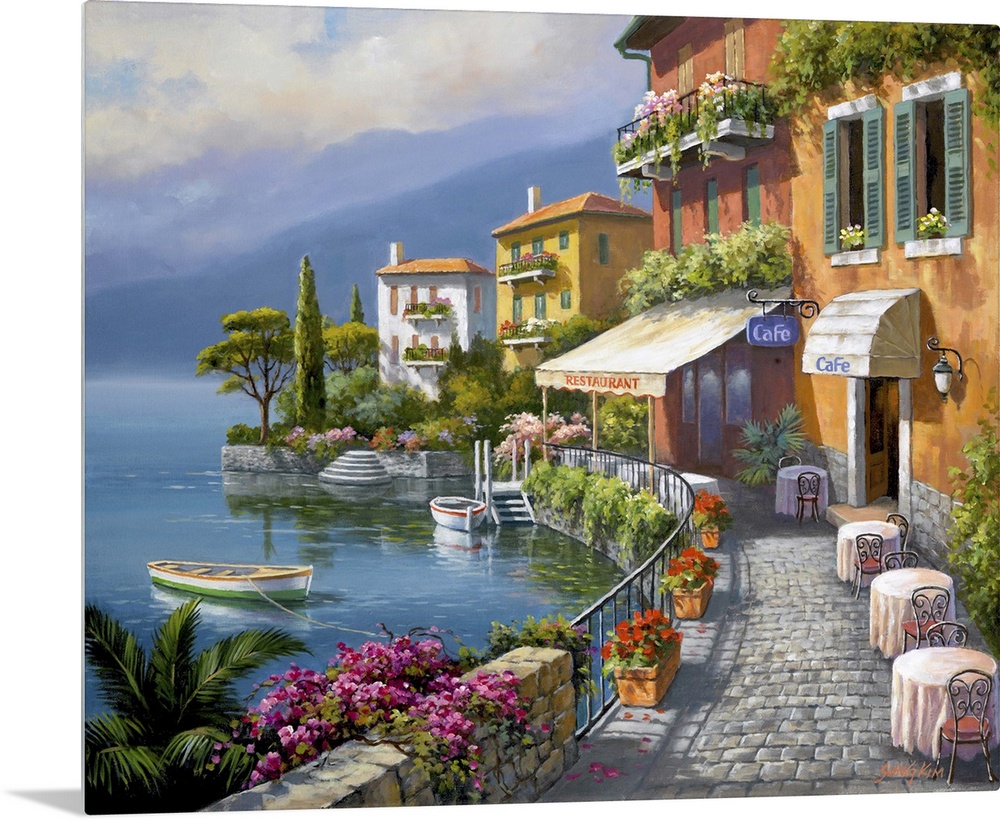 Contemporary painting of an idyllic rural European village scene.