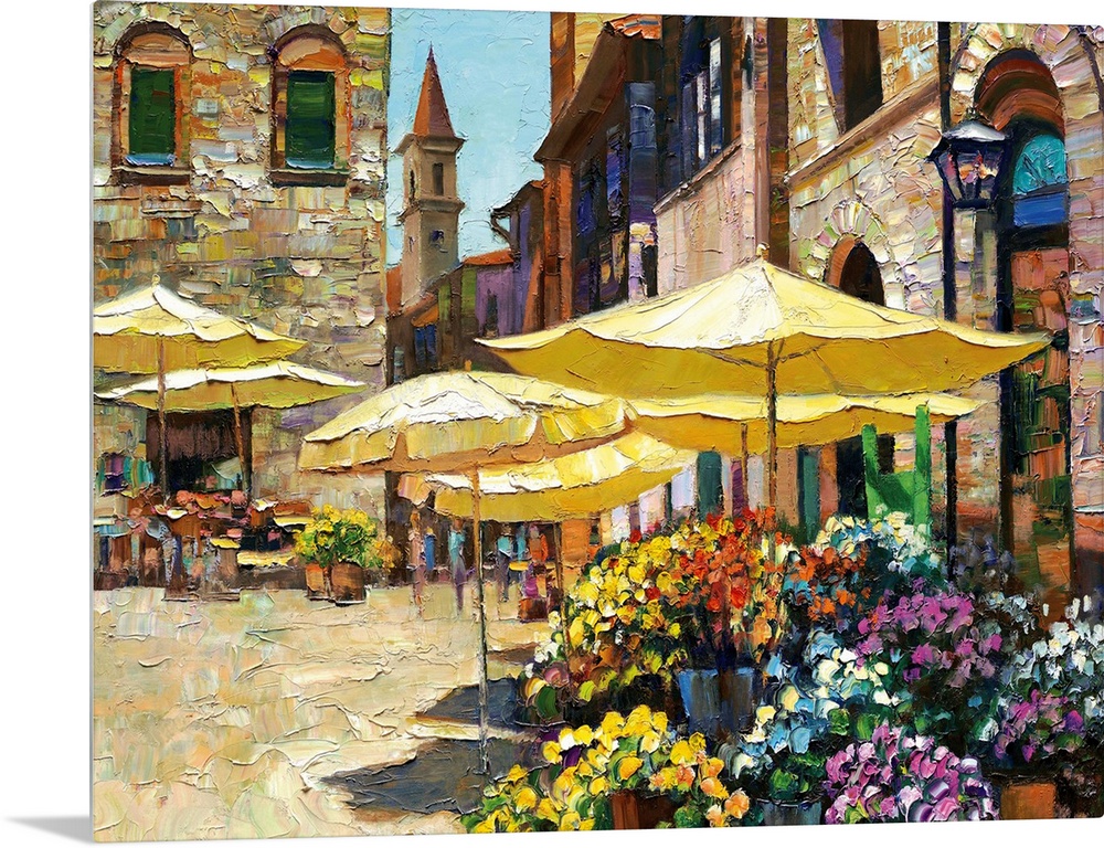Contemporary art piece of a market in Italy that is filled with flowers and surrounded by stone buildings.