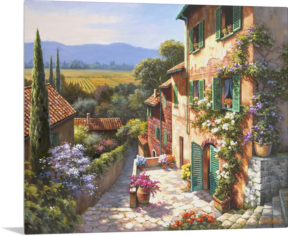 Contemporary painting of an idyllic rural European village scene.