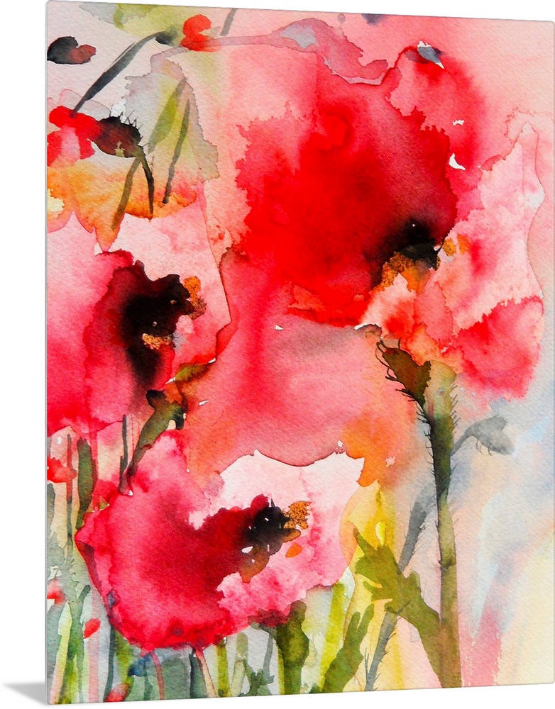 Contemporary watercolor painting of vibrant red flowers.