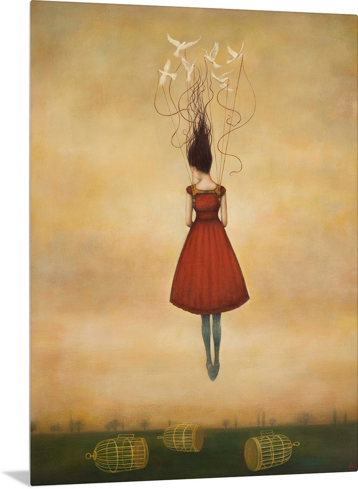 Contemporary surreal artwork of a woman floating in the air in a red dress with birdcages below.