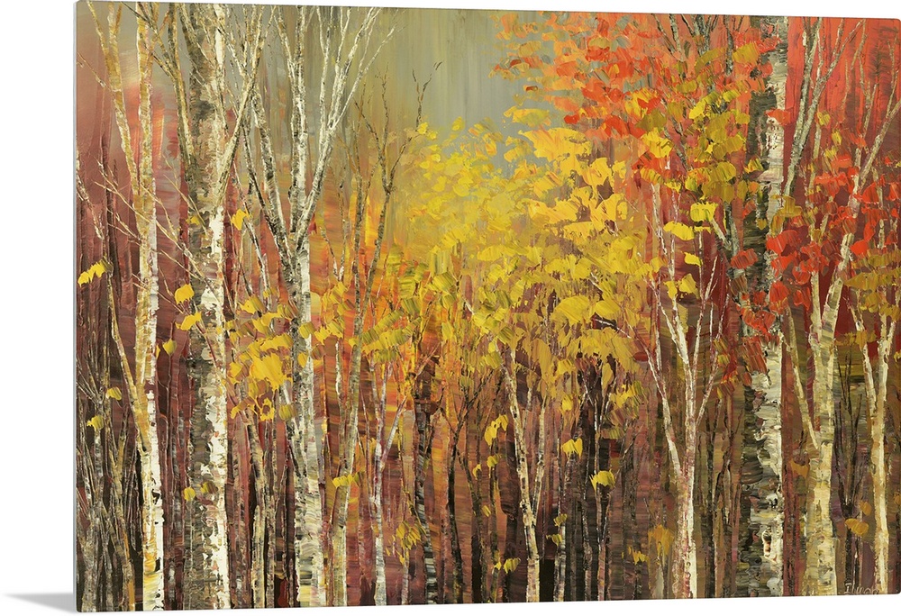 Painting of a grove of trees in bright fall colors.