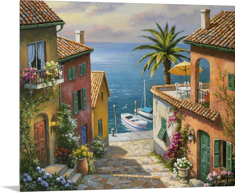 Contemporary painting of an idyllic rural European village scene.