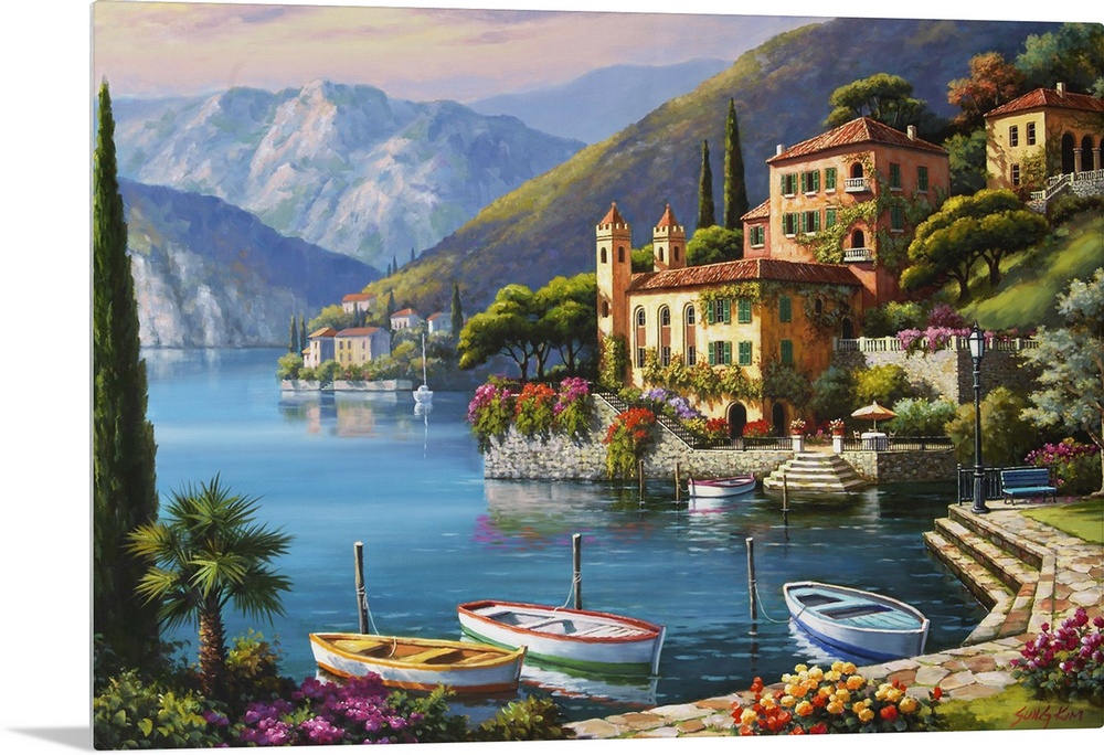 Contemporary painting of an idyllic rural European village scene.