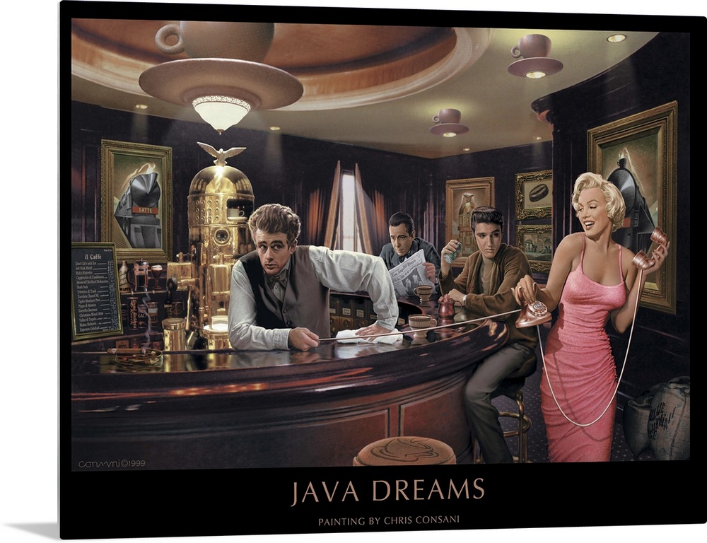 Painting of Marilyn Monroe in a coffee shop with James Dean as a barista.