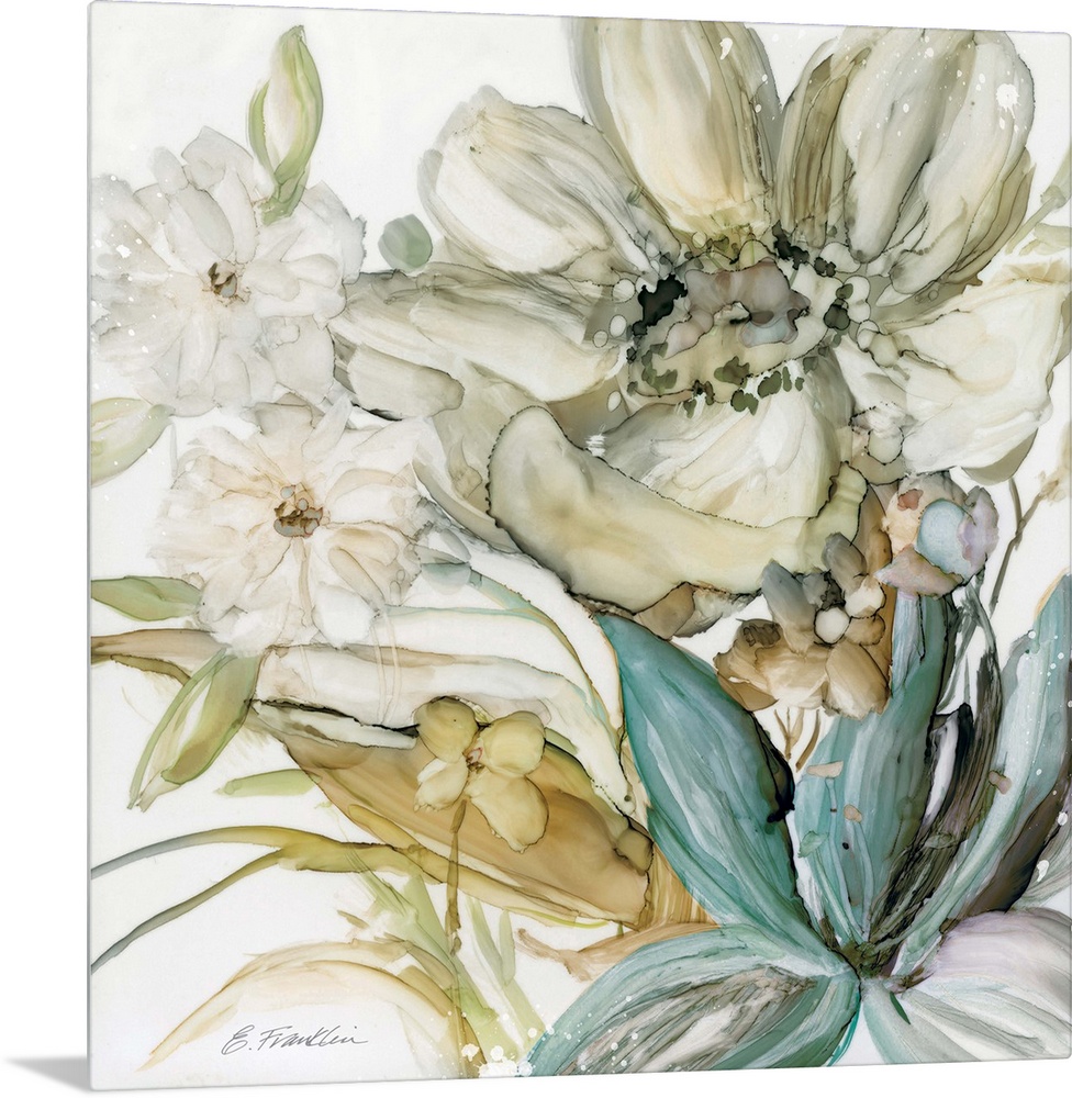 Fine art watercolor painting of a seaglass garden of flowers in blues, green and gray by Elizabeth Franklin.