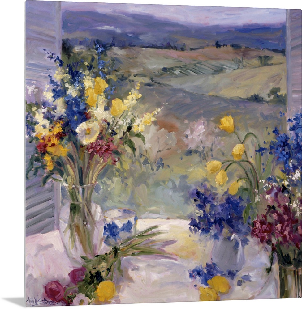 Fine art oil painting still life of lavender, yellow and maroon flowers on a table overlooking the Tuscan hillside through...