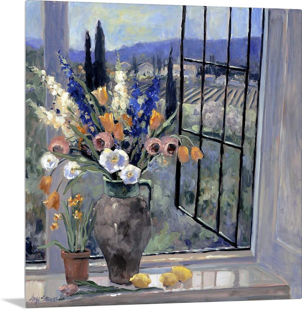 Contemporary landscape painting of a flower filled vase sitting by an open window looking out over the Tuscan hillside.