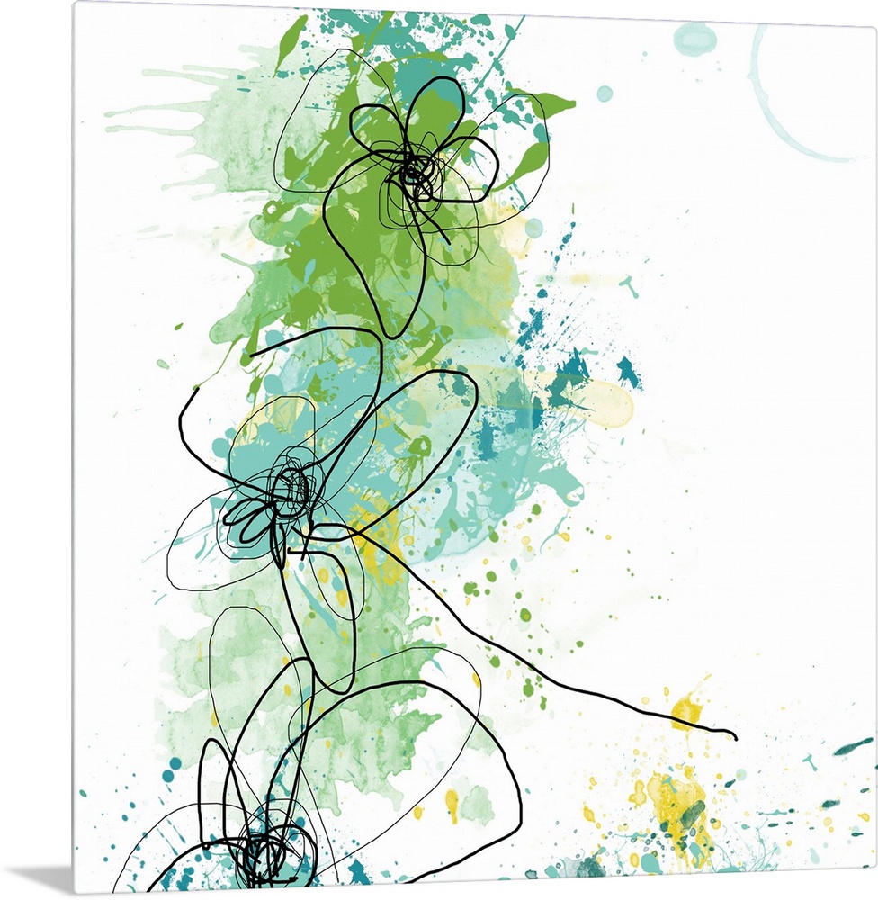 Big abstract floral art illustrated through lots of paint splashes and curved lines to represent the flowers.