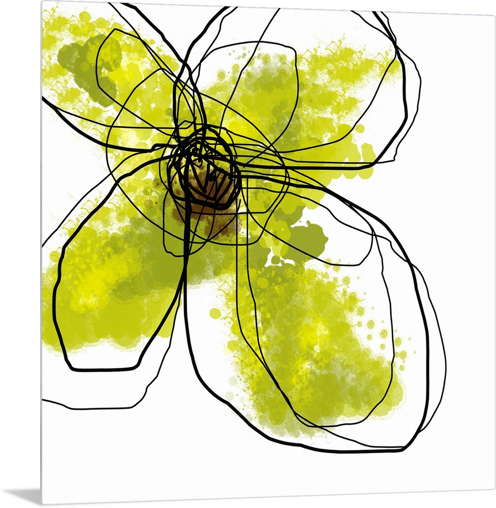 Oversized, contemporary, square wall hanging of large, splotchy green flower surrounded by scribbled dark lines on a solid...