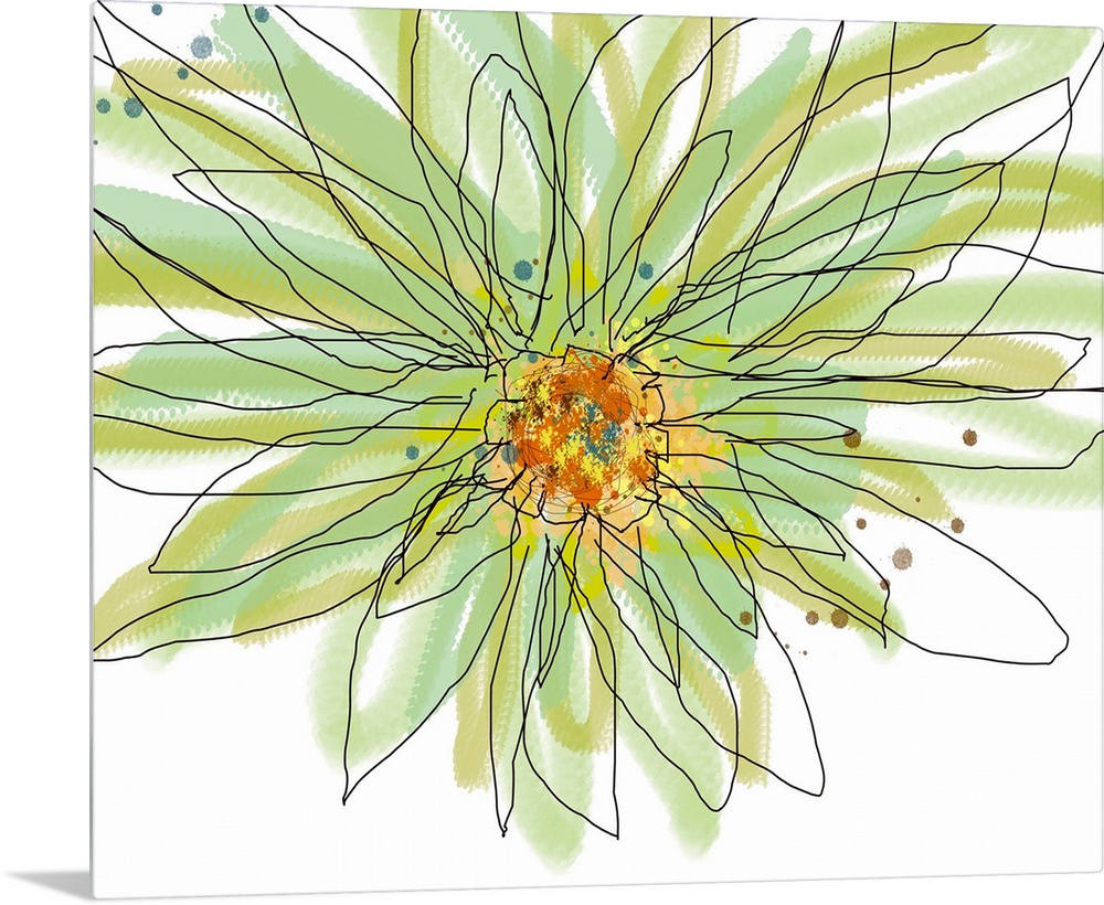 Big contemporary art illustration of a summer gerbera set in soft and cool tones.  Artist separates the outlines of leaves...