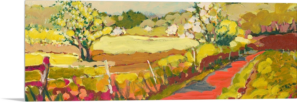 A panoramic piece of artwork that displays a road in the countryside.  The fence and large tree in the foreground help bri...