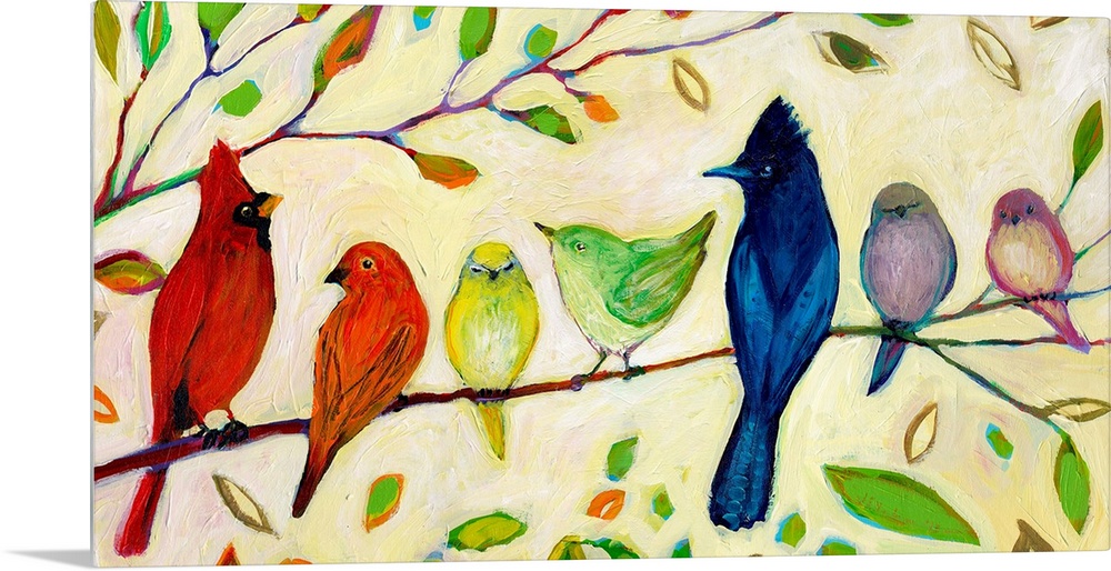 Seven birds that chromatically shift from warm to cool colors sitting on a tree branch in this decorative accent artwork f...