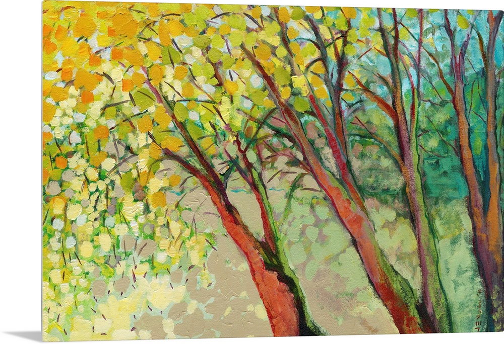 A contemporary impressionistic landscape of three painterly trees and abstract leaves made large brush strokes.