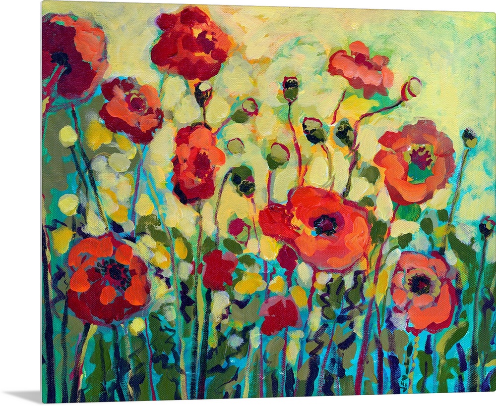 Close up of poppy flowers and leaves with bold impressionistic brush strokes.