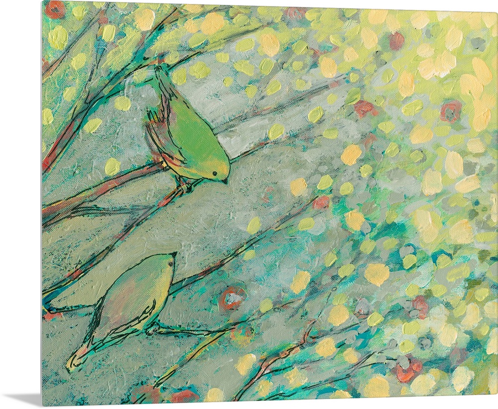 Pastel colored abstract painting of birds on branches with tree leaves hanging above.