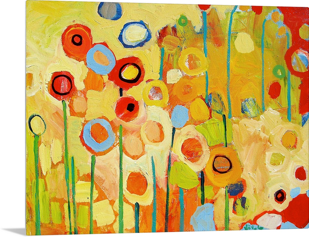 An abstract still life of colorful circles and lines representing flowers and stems.