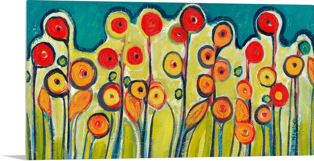 Abstract painting of circular flowers growing out of the ground.