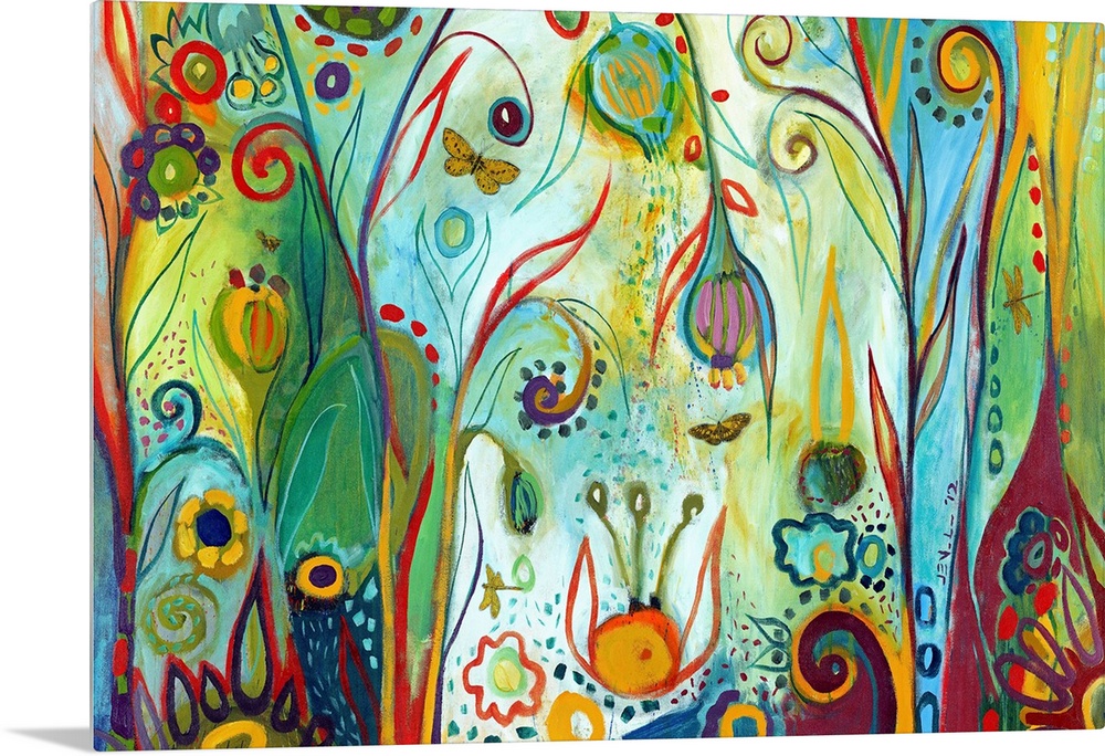 Brightly colored abstract painting of whimsical flowers and butterflies with areas of patterned dots.