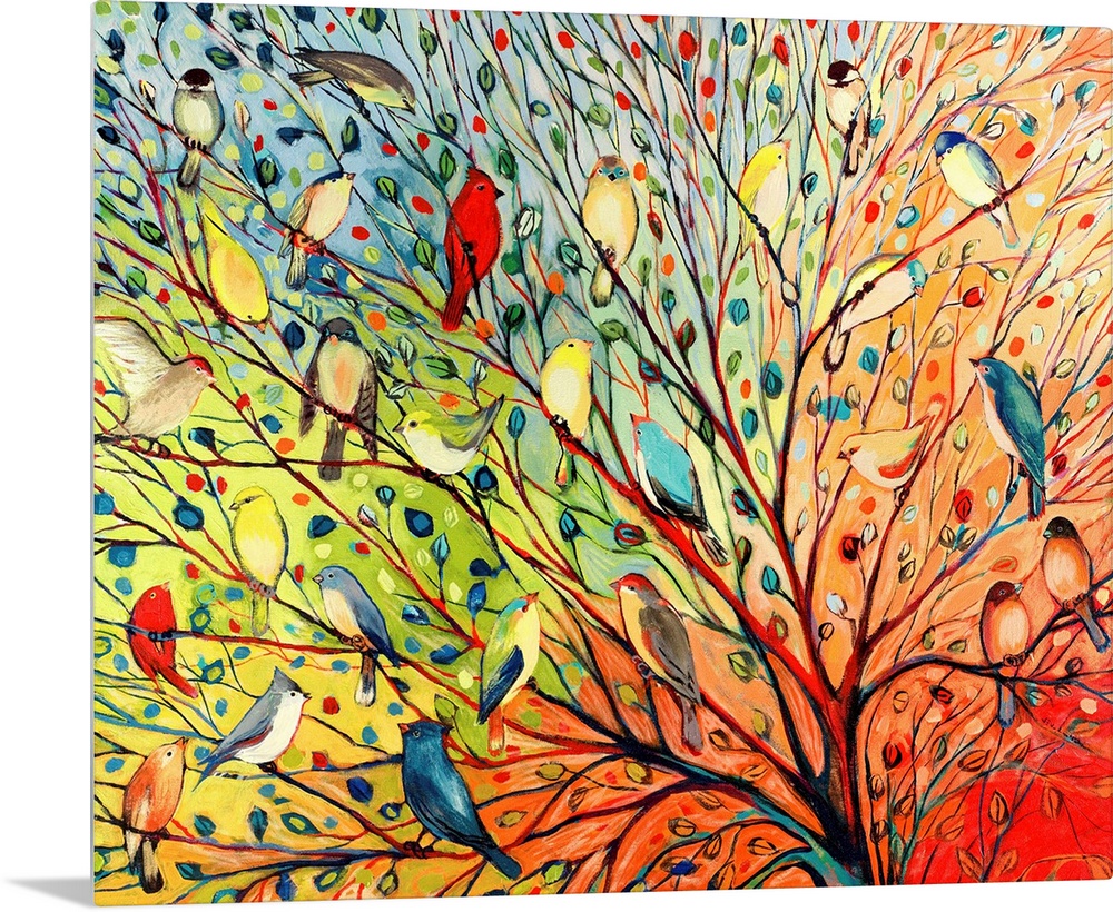 Landscape, oversized contemporary painting of a variety of birds in a tree with flowing branches and small leaves, on a ba...