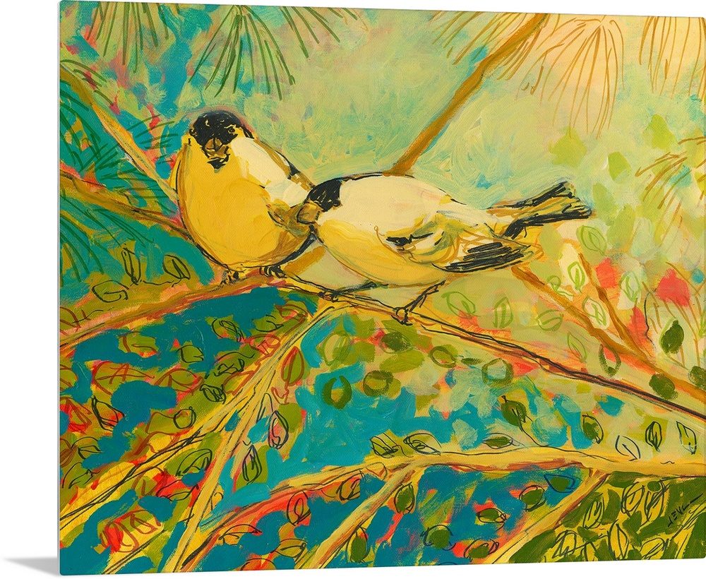 Large contemporary art displays two Goldfinches sitting on a tree branch during a sunny day.  Artist heavily uses lines to...