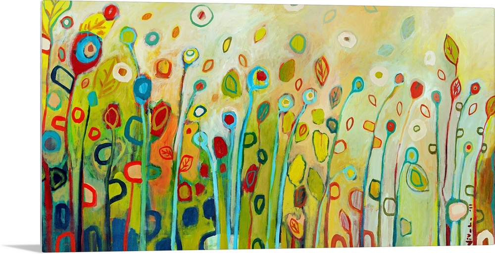 Large contemporary painting with vertical, multicolor flowers and leaves.