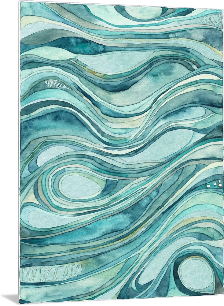 Contemporary abstract watercolor artwork in blue shades, resembling waves of flowing water.