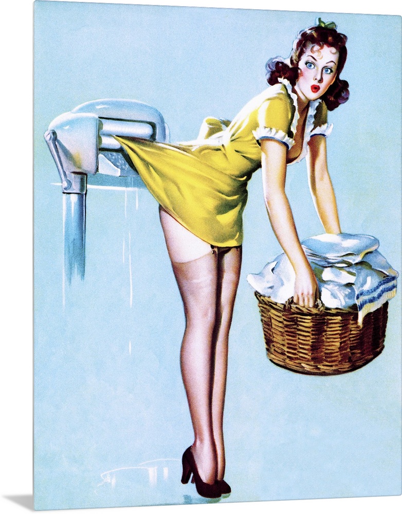 Vintage 50's illustration of a young woman doing laundry with her skirt caught in rollers.