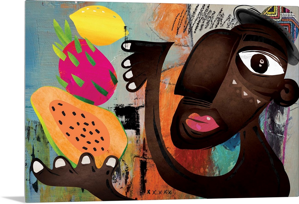 Modern and funky image featuring a dark-skinned man juggling various tropical fruits. Colorful, fun and fresh, this would ...