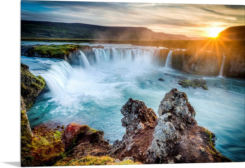 Godafoss, Myvatn, Iceland. the waterfall of the Gods at sunset.