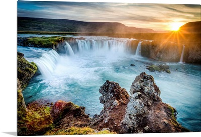 Godafoss, Myvatn, Iceland. the waterfall of the Gods at sunset