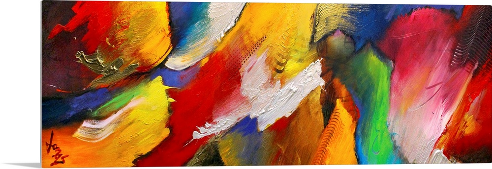 Panoramic abstract art focuses on diagonal lines of movement that are filled with intense colors and rough textures.