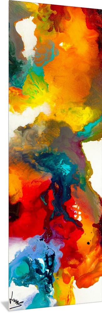 This is a narrow vertical panoramic shaped painting of a vivid blend of wet paints creating a swirling energy on the surfa...