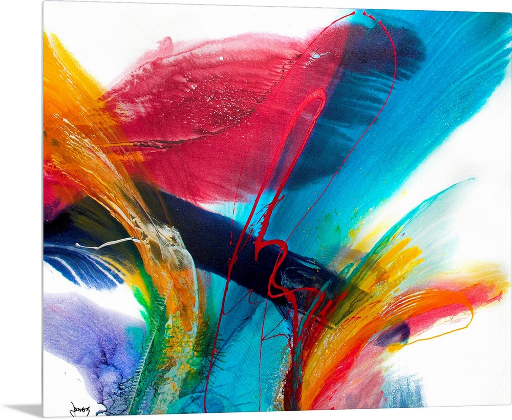 An abstract painting on a square canvas this artwork has a great sense of energy and motion.