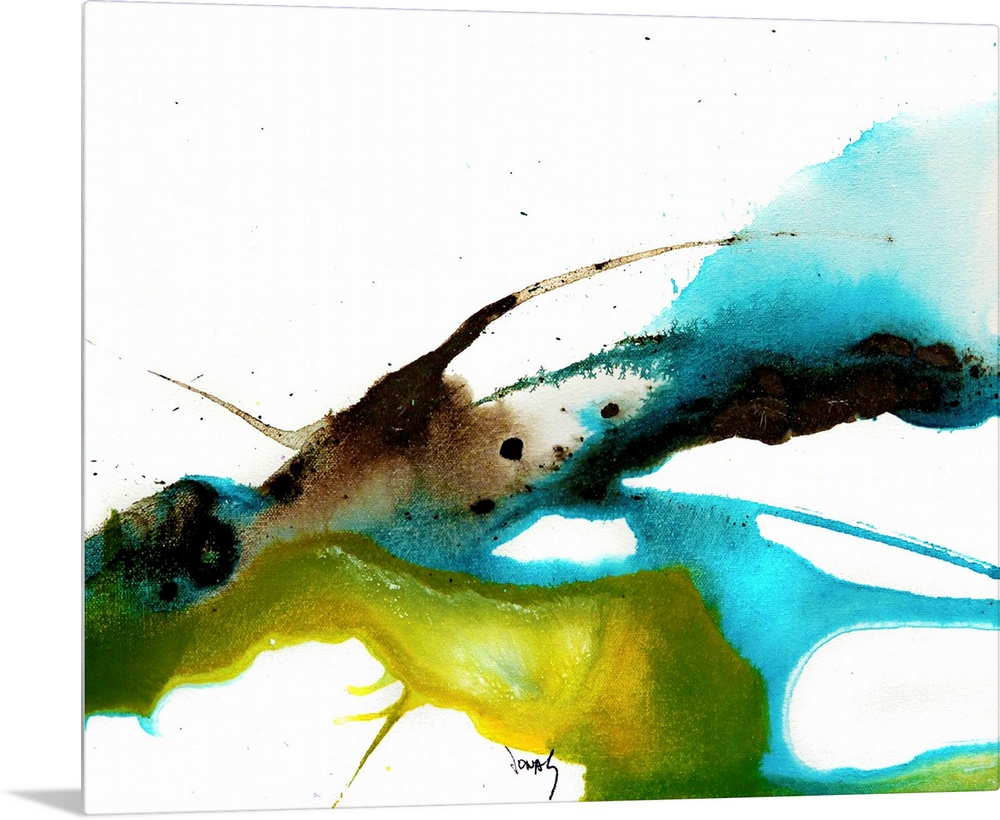 Large abstract painting with bright, multicolor paint splatters on a blank background.