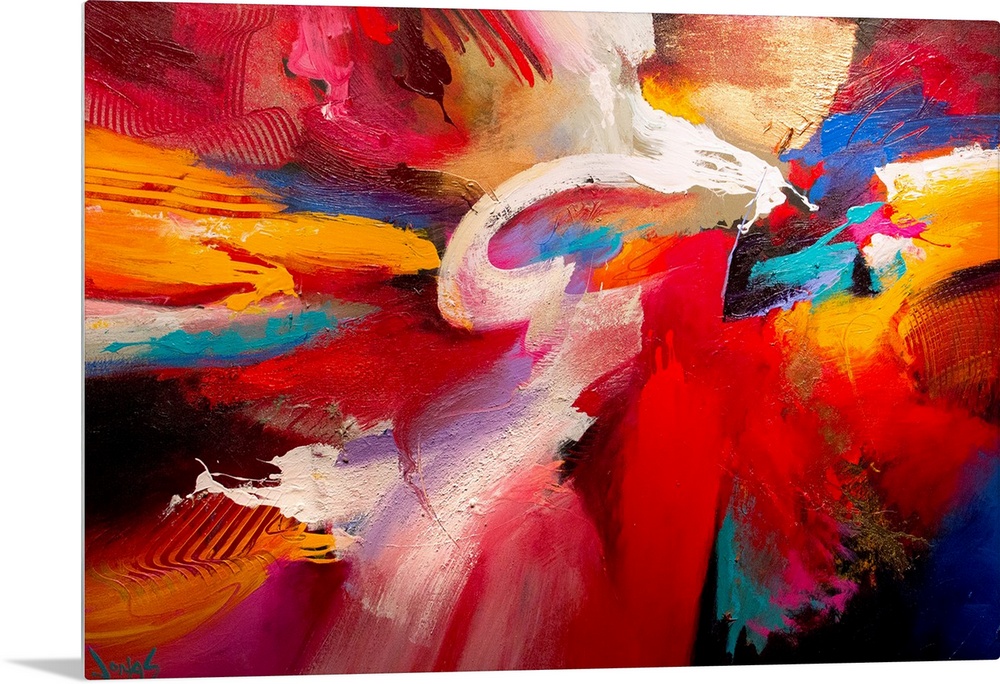 An energetic abstract painting made with thick paint textures and broad brush strokes.