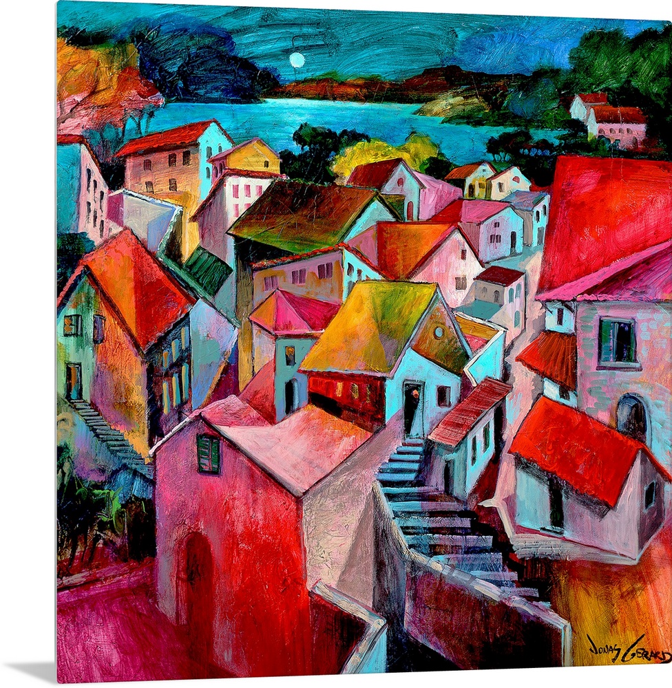 Large painting of an European village lit up at night with the moon rising in the distance.
