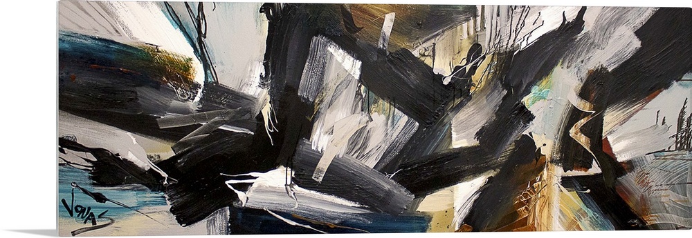 A contemporary abstract painting using bold black segmented strokes against a neutral toned background.