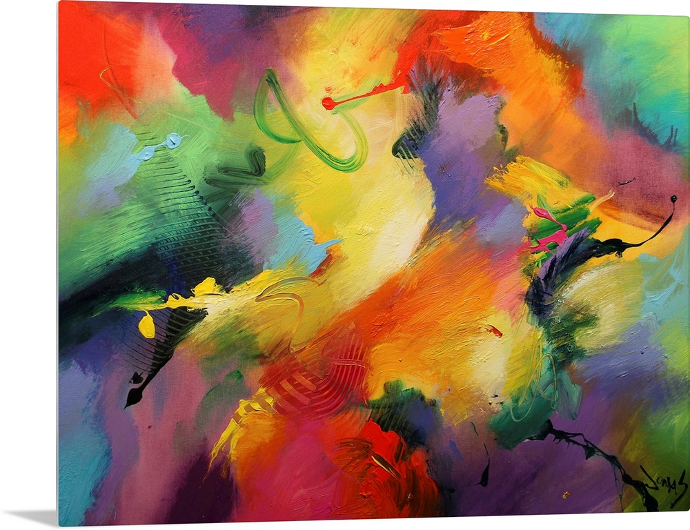 A wild abstract painting of vivid colors blended together on horizontal wall art.