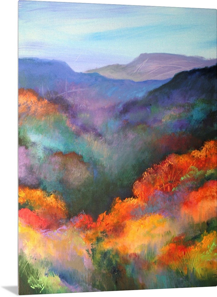 Tall canvas painting of brightly colored trees with mountains in the distance.